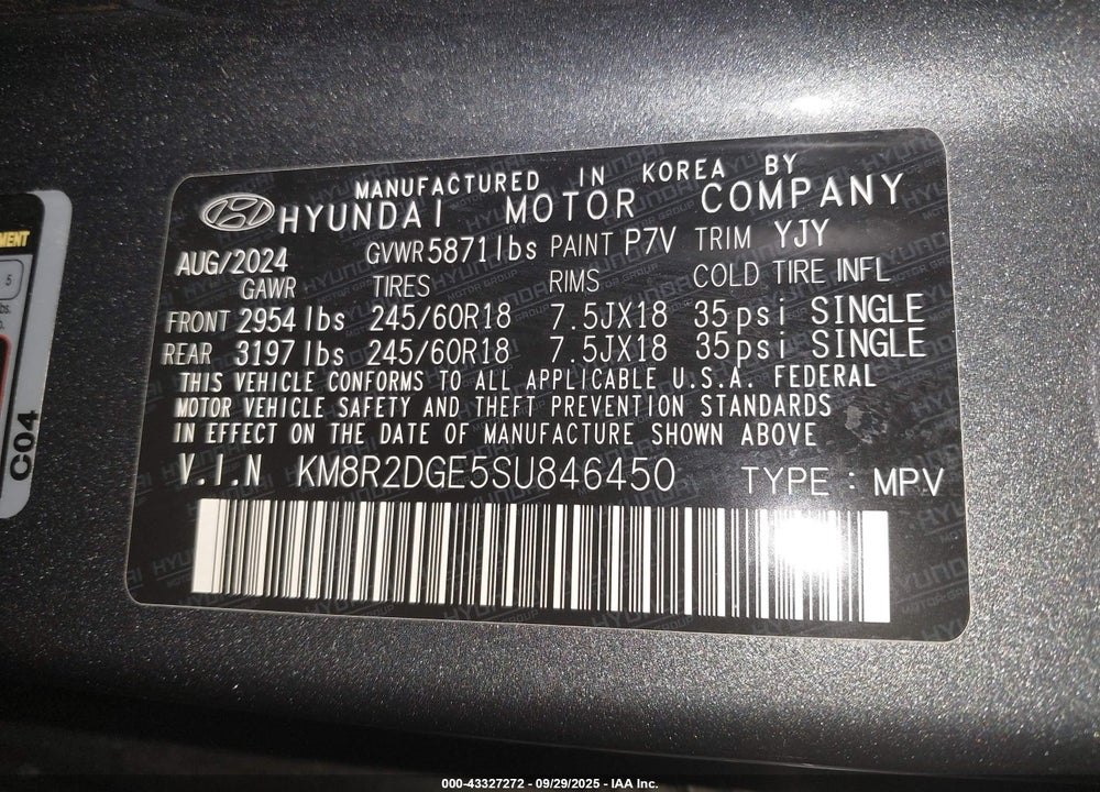 2025 HYUNDAI PALISADE SEL VIN: KM8R2DGE5SU846450