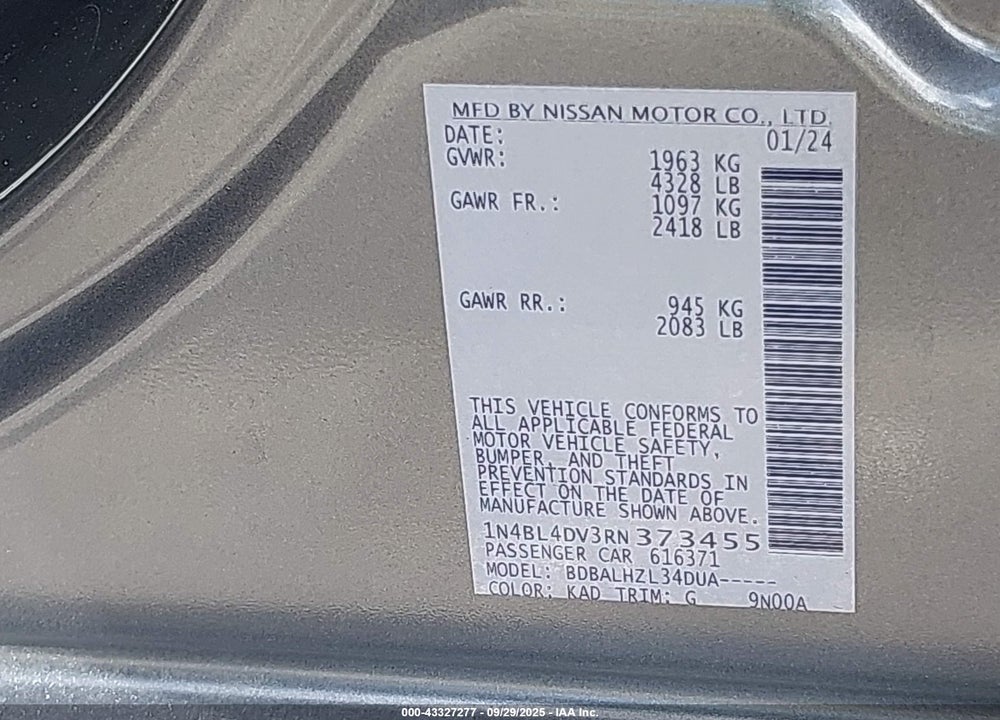 2024 NISSAN ALTIMA SV FWD VIN: 1N4BL4DV3RN373455