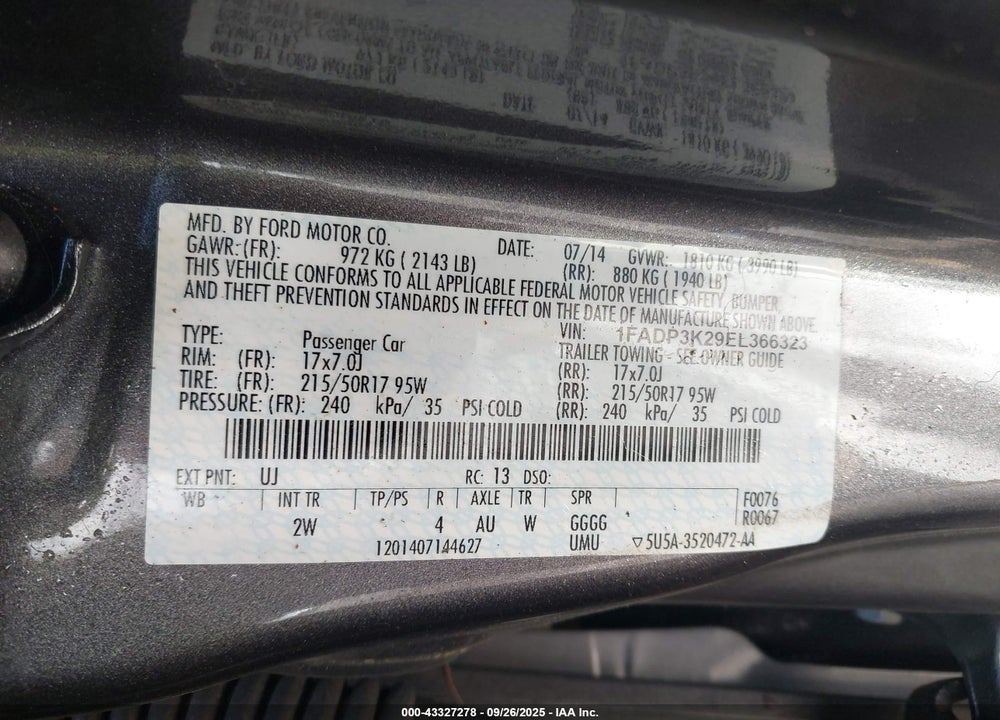 2014 FORD FOCUS VIN: 1FADP3K29EL366323