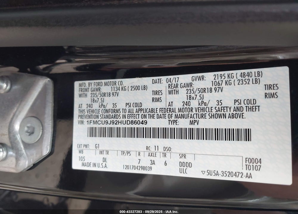 2017 FORD ESCAPE TITANIUM VIN: 1FMCU9J92HUD86049