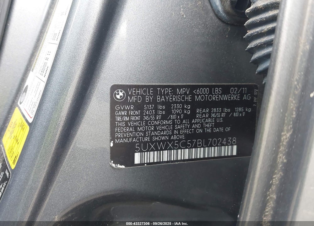 2011 BMW X3 XDRIVE28I VIN: 5UXWX5C57BL702438