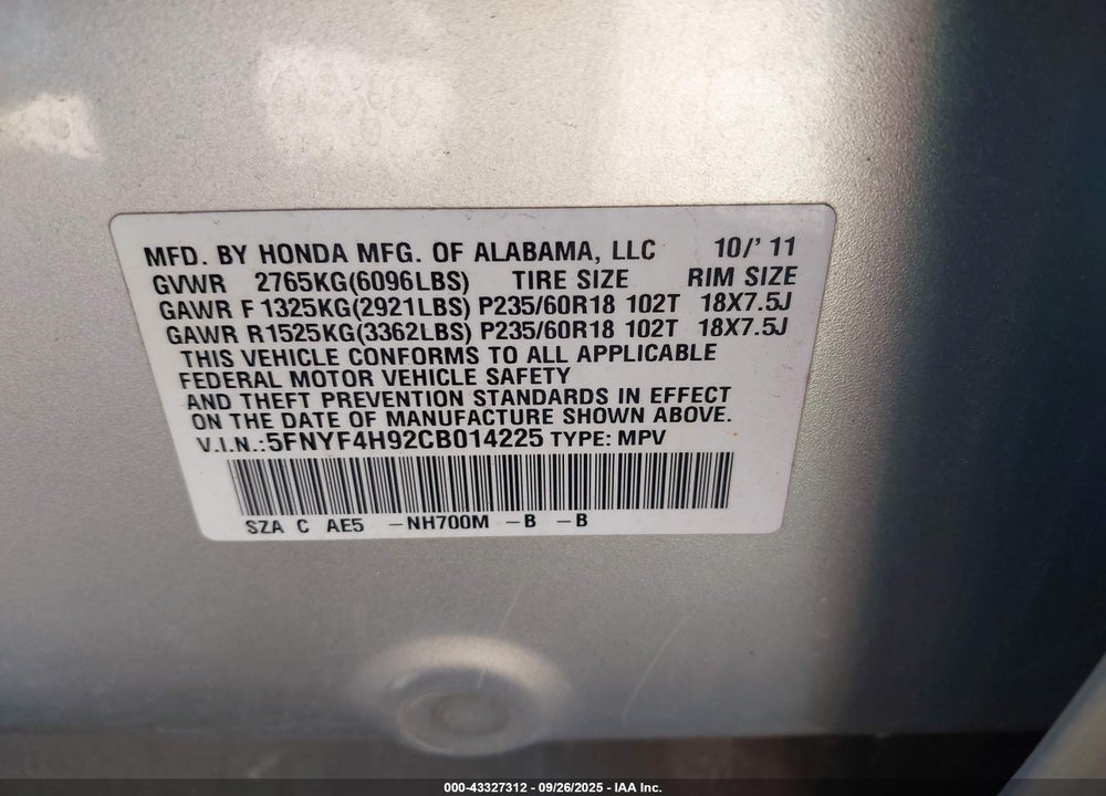 2012 HONDA PILOT VIN: 5FNYF4H92CB014225
