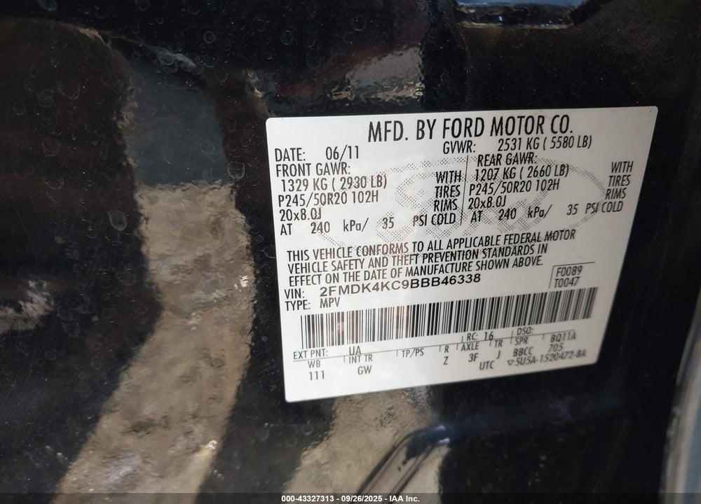 2011 FORD EDGE VIN: 2FMDK4KC9BBB46338