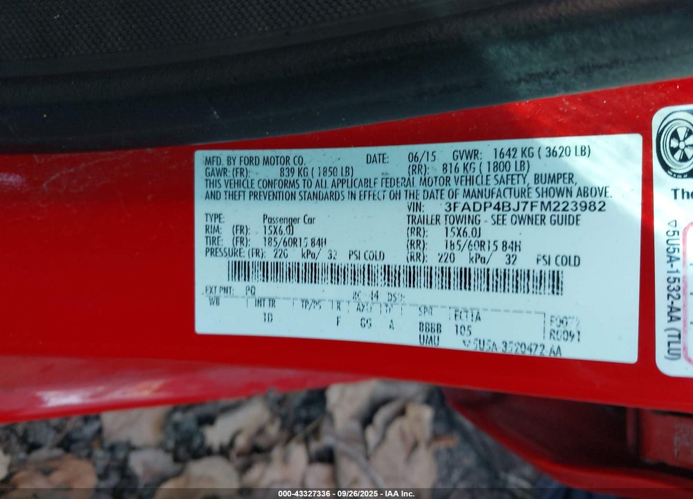 2015 FORD FIESTA VIN: 3FADP4BJ7FM223982