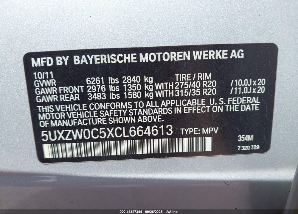 2012 BMW X5 VIN: 5UXZW0C5XCL664613