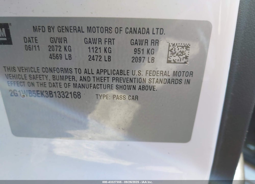 2011 CHEVROLET IMPALA VIN: 2G1WB5EK3B1332168