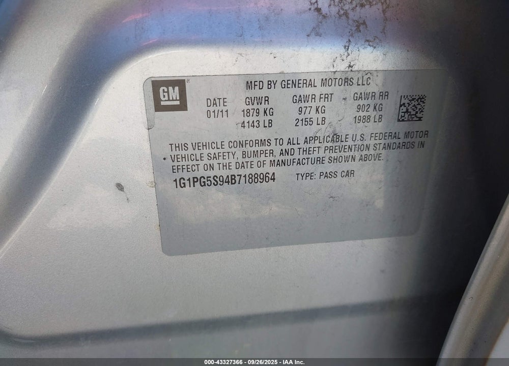 2011 CHEVROLET CRUZE VIN: 1G1PG5S94B7188964