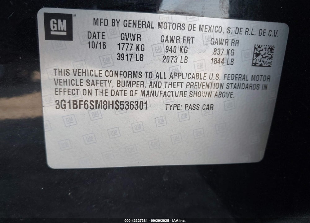 2017 CHEVROLET CRUZE PREMIER AUTO VIN: 3G1BF6SM8HS536301