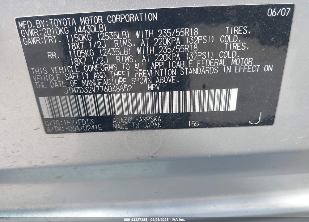 2007 TOYOTA RAV4 VIN: JTMZD32V776048852
