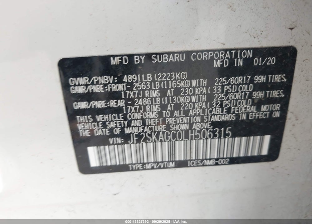 2020 SUBARU FORESTER PREMIUM VIN: JF2SKAGC0LH506315
