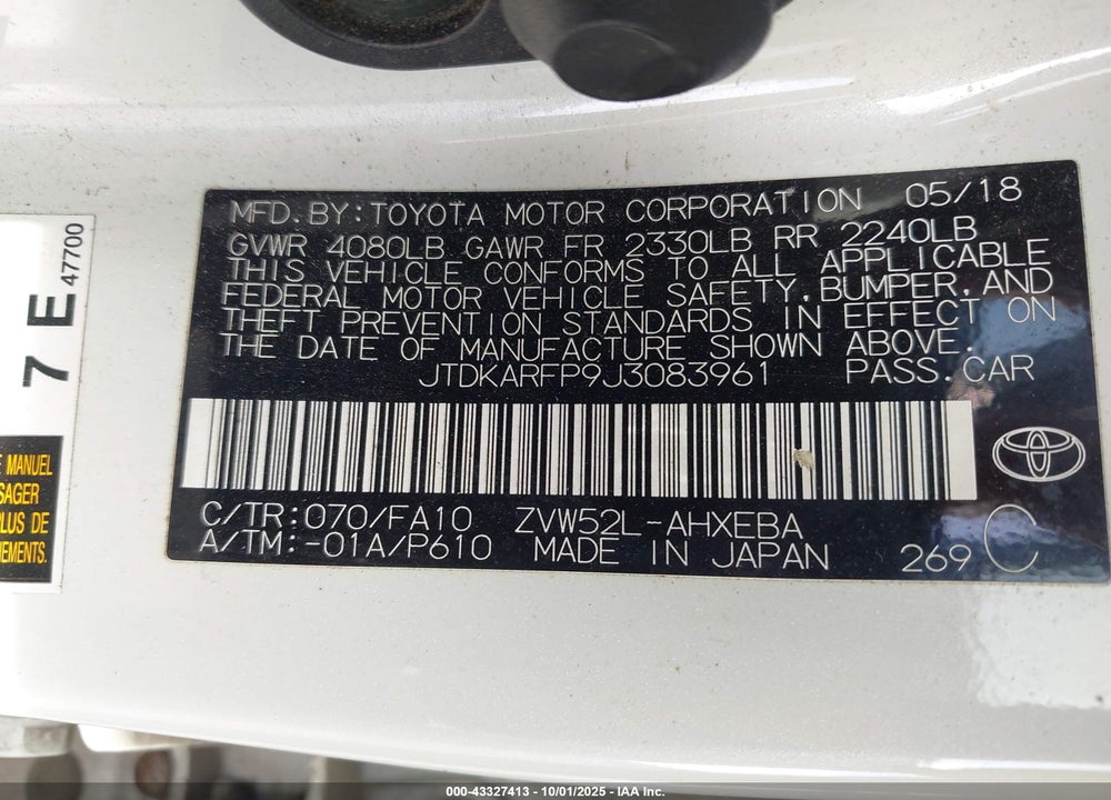 2018 TOYOTA PRIUS PRIME PLUS VIN: JTDKARFP9J3083961