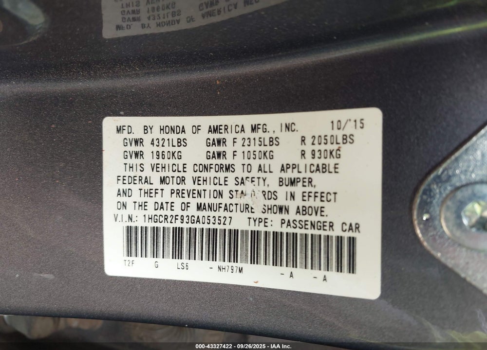 2016 HONDA ACCORD EX-L VIN: 1HGCR2F93GA053527