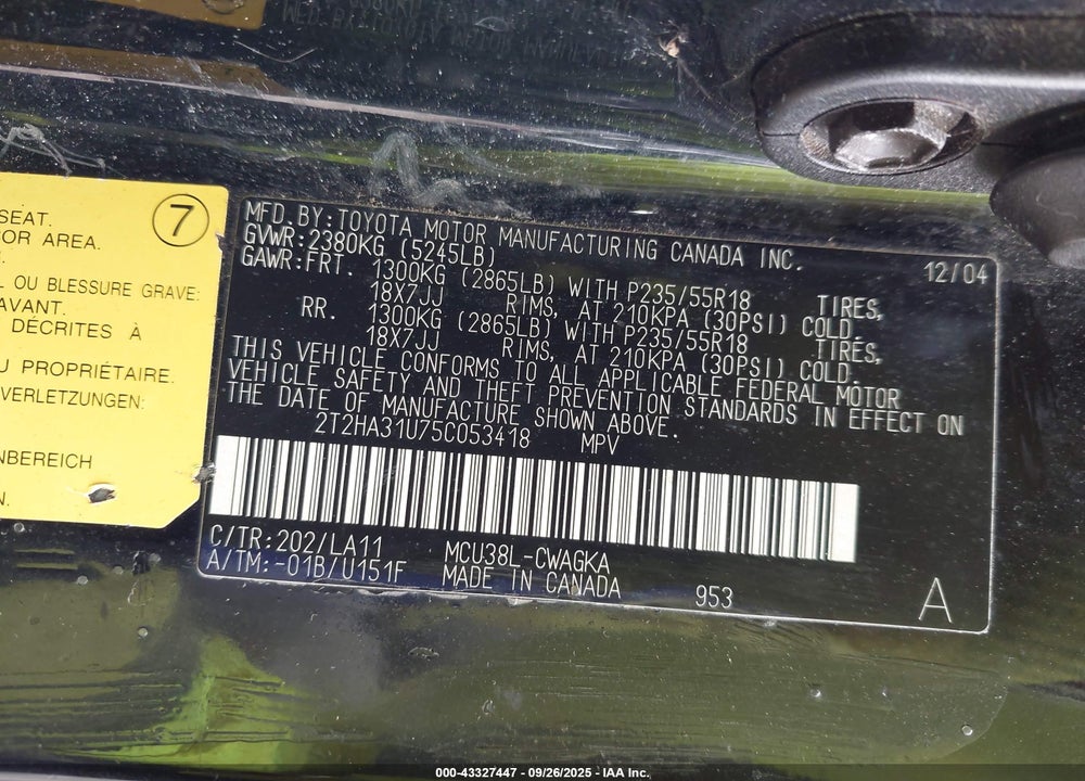 2005 LEXUS RX 330 VIN: 2T2HA31U75C053418