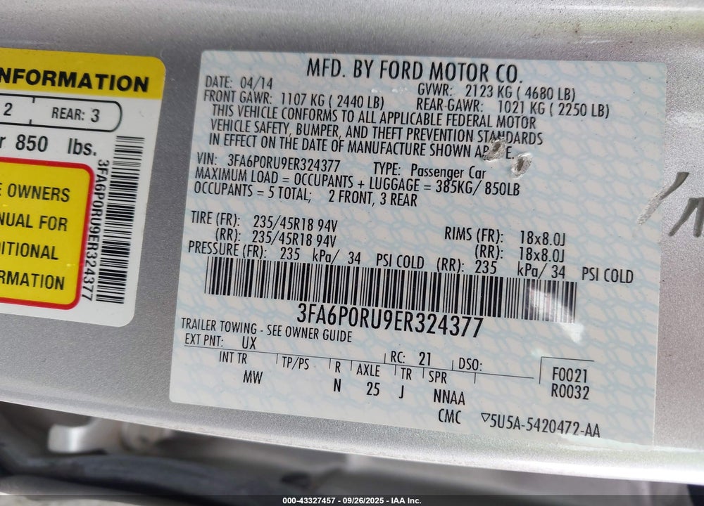 2014 FORD FUSION HYBRID TITANIUM VIN: 3FA6P0RU9ER324377