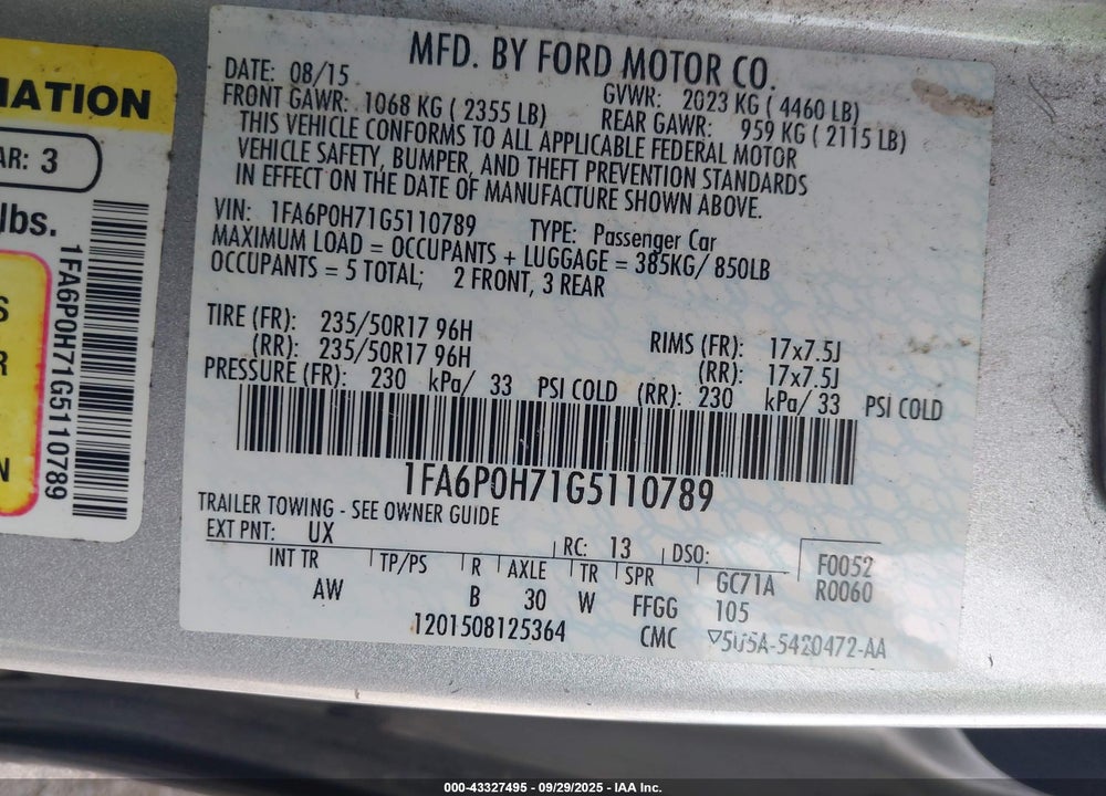 2016 FORD FUSION VIN: 1FA6P0H71G5110789