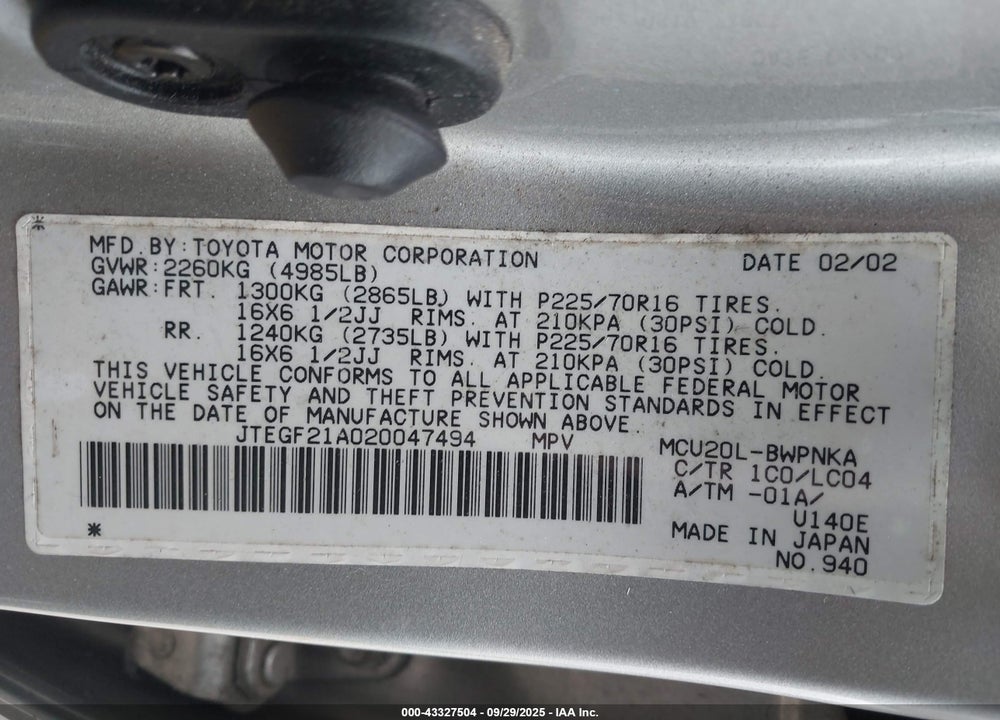 2002 TOYOTA HIGHLANDER LIMITED V6 VIN: JTEGF21A020047494