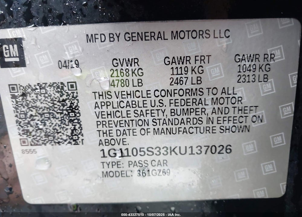 2019 CHEVROLET IMPALA PREMIER VIN: 1G1105S33KU137026