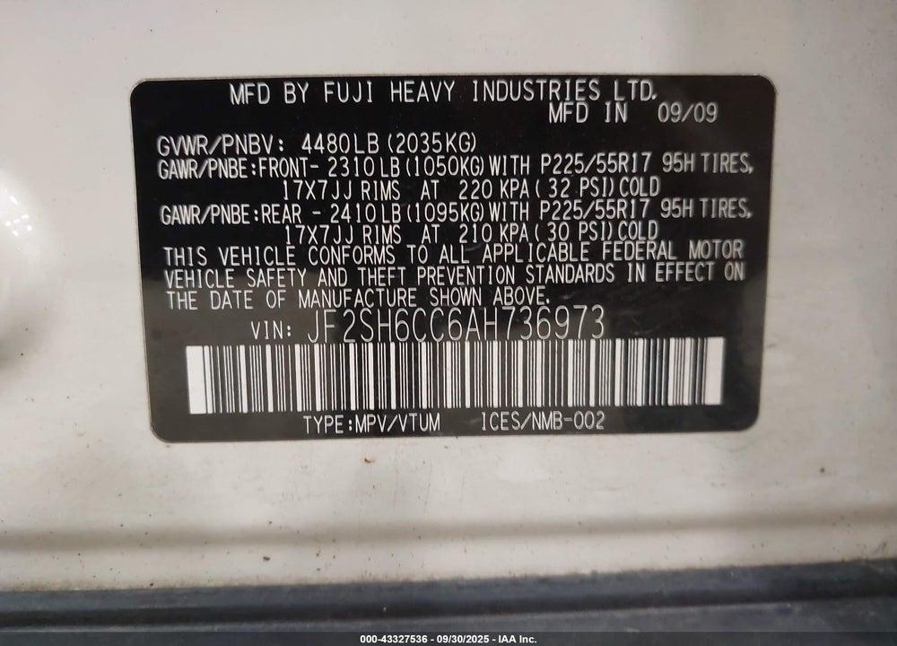 2010 SUBARU FORESTER VIN: JF2SH6CC6AH736973