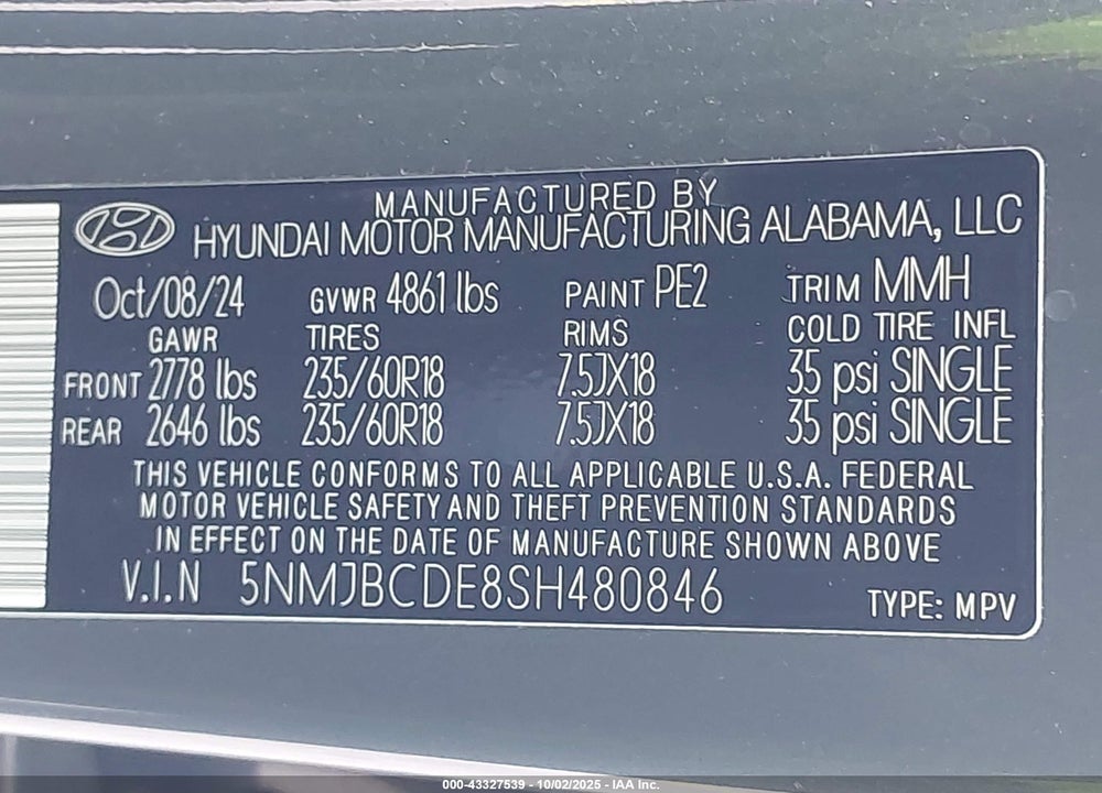 2025 HYUNDAI TUCSON SEL VIN: 5NMJBCDE8SH480846