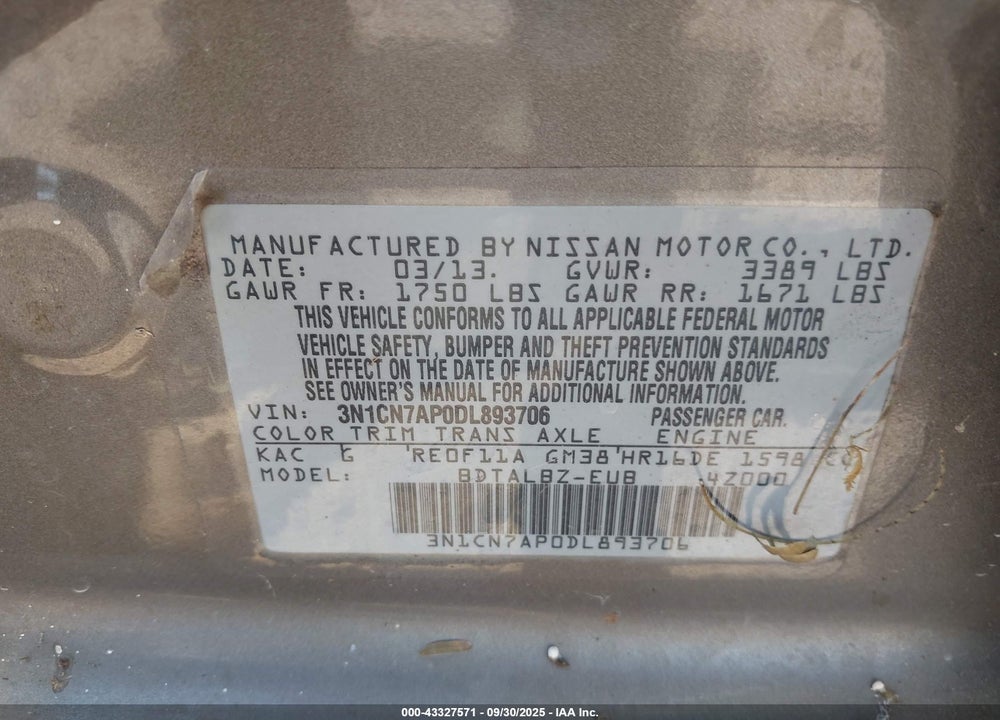 2013 NISSAN VERSA VIN: 3N1CN7AP0DL893706