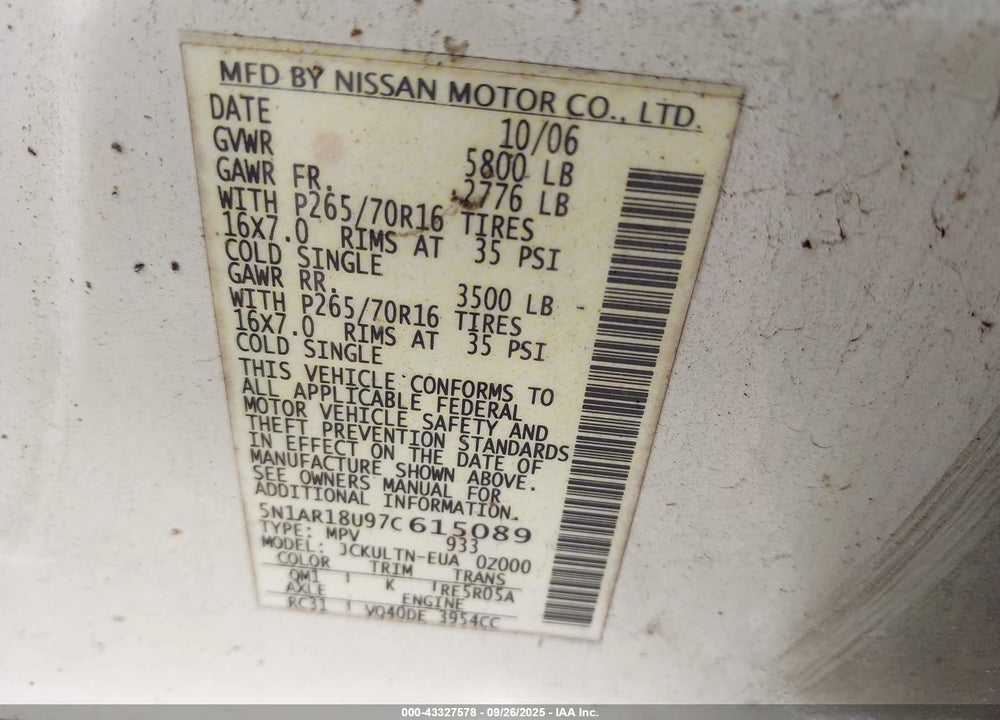 2007 NISSAN PATHFINDER VIN: 5N1AR18U97C615089