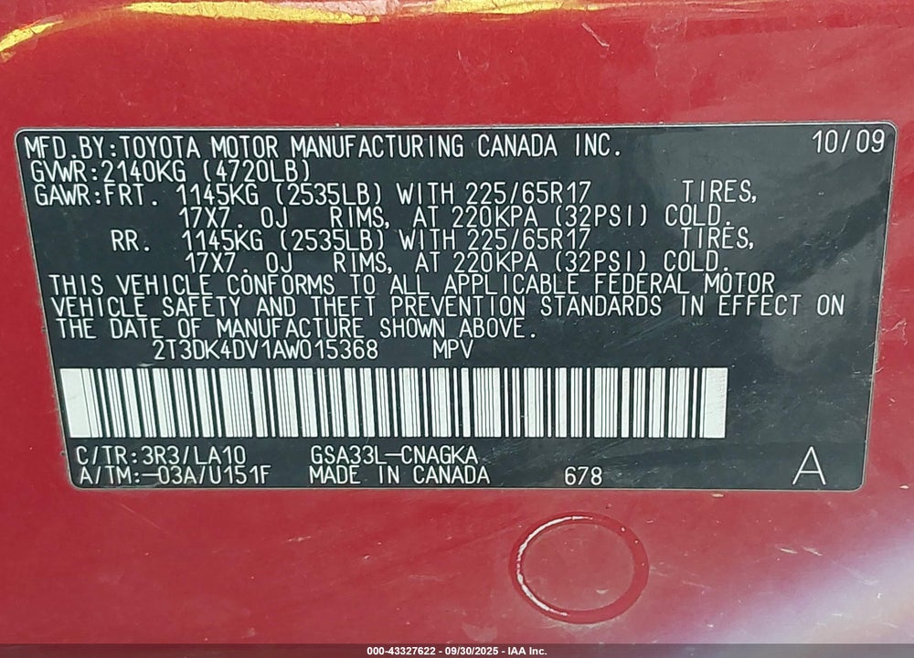 2010 TOYOTA RAV4 VIN: 2T3DK4DV1AW015368
