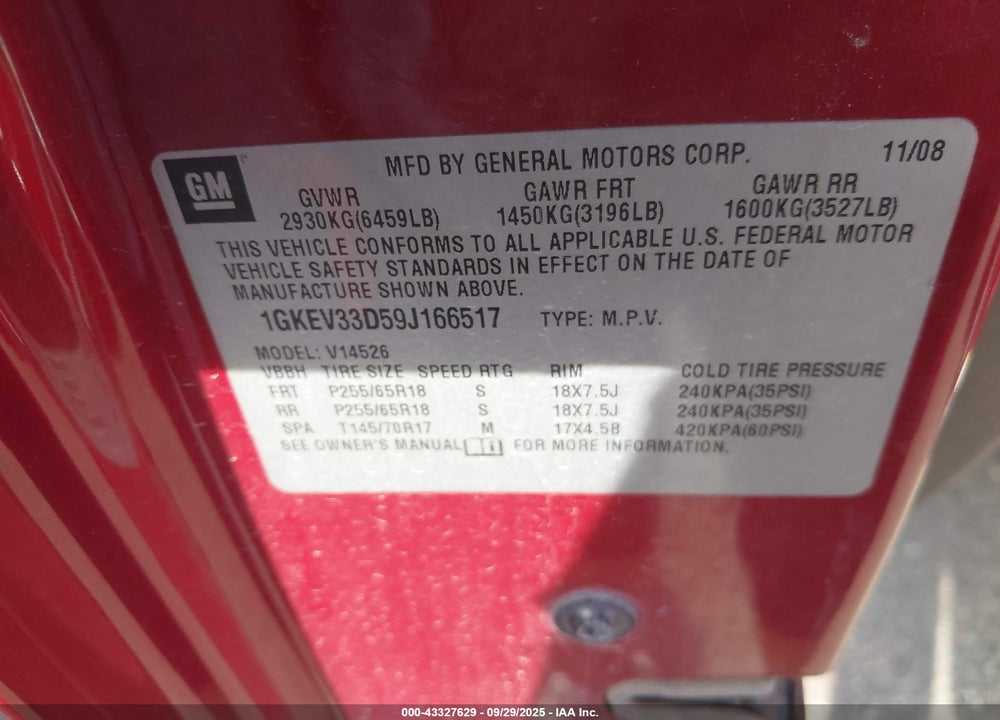 2009 GMC ACADIA SLT-2 VIN: 1GKEV33D59J166517