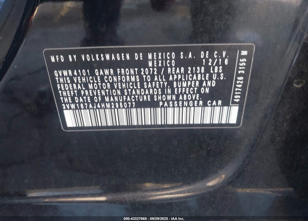 2017 VOLKSWAGEN JETTA VIN: 3VW167AJ4HM295077
