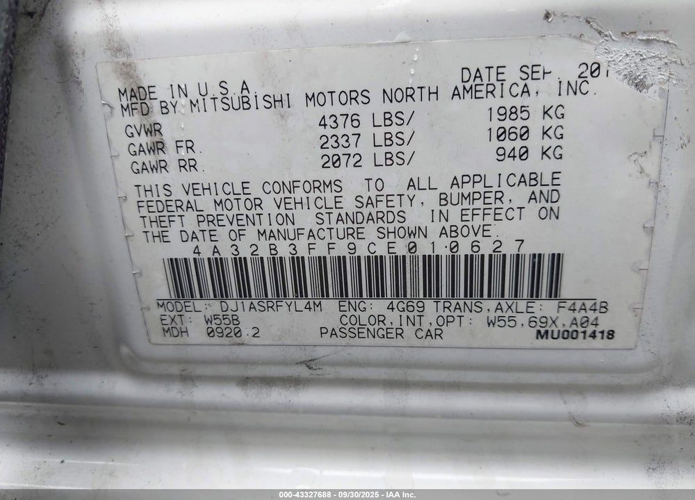 2012 MITSUBISHI GALANT VIN: 4A32B3FF9CE010627