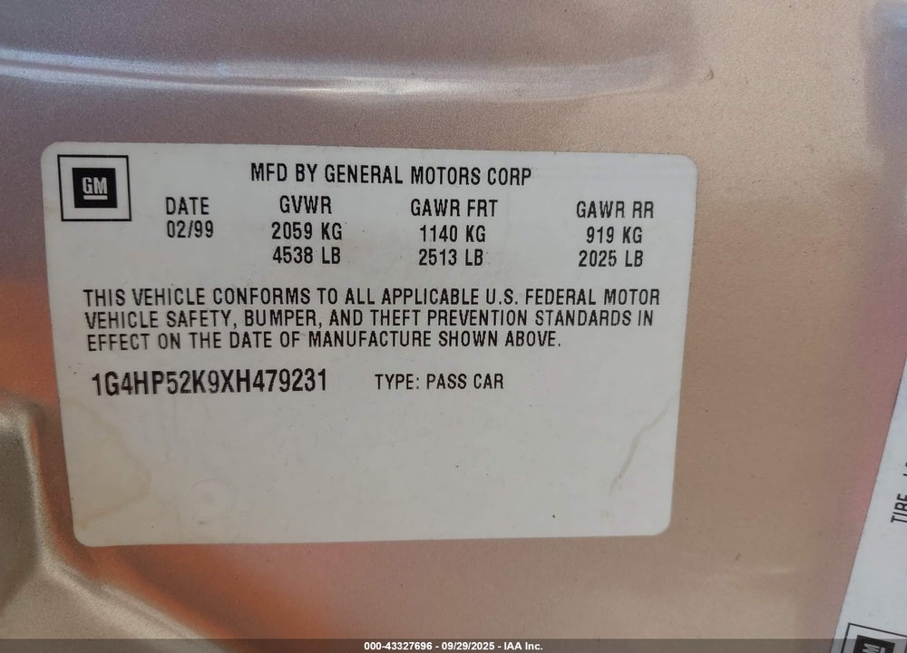 1999 BUICK LESABRE CUSTOM VIN: 1G4HP52K9XH479231
