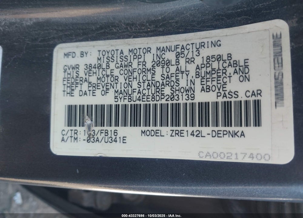 2013 TOYOTA COROLLA VIN: 5YFBU4EE8DP203139