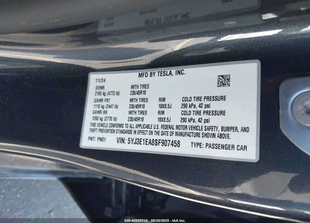 2025 TESLA MODEL 3 LONG RANGE REAR-WHEEL DRIVE VIN: 5YJ3E1EA8SF907458