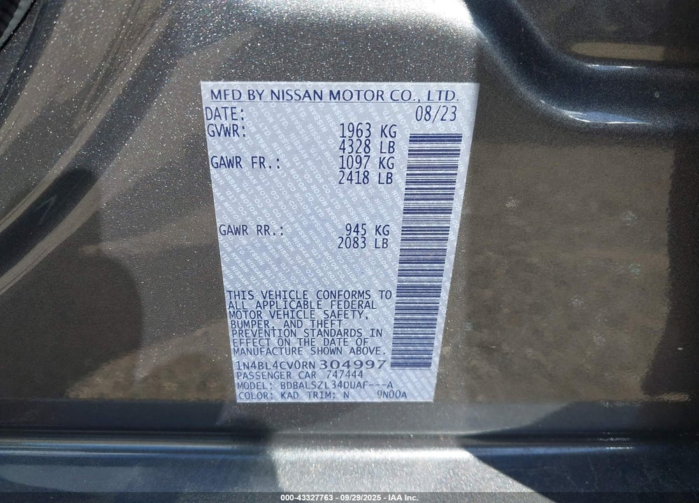 2024 NISSAN ALTIMA SR FWD VIN: 1N4BL4CV0RN304997