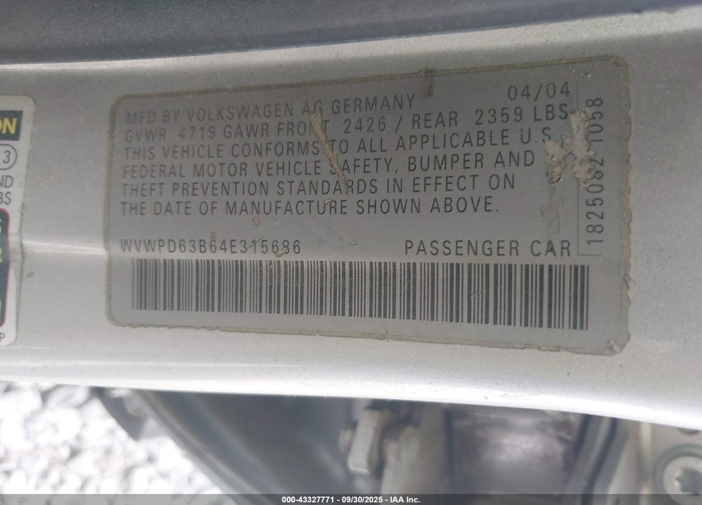 2004 VOLKSWAGEN PASSAT GLS VIN: WVWPD63B64E315686
