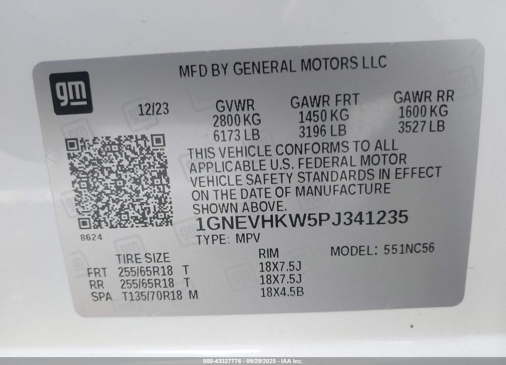 2023 CHEVROLET TRAVERSE AWD LT LEATHER VIN: 1GNEVHKW5PJ341235