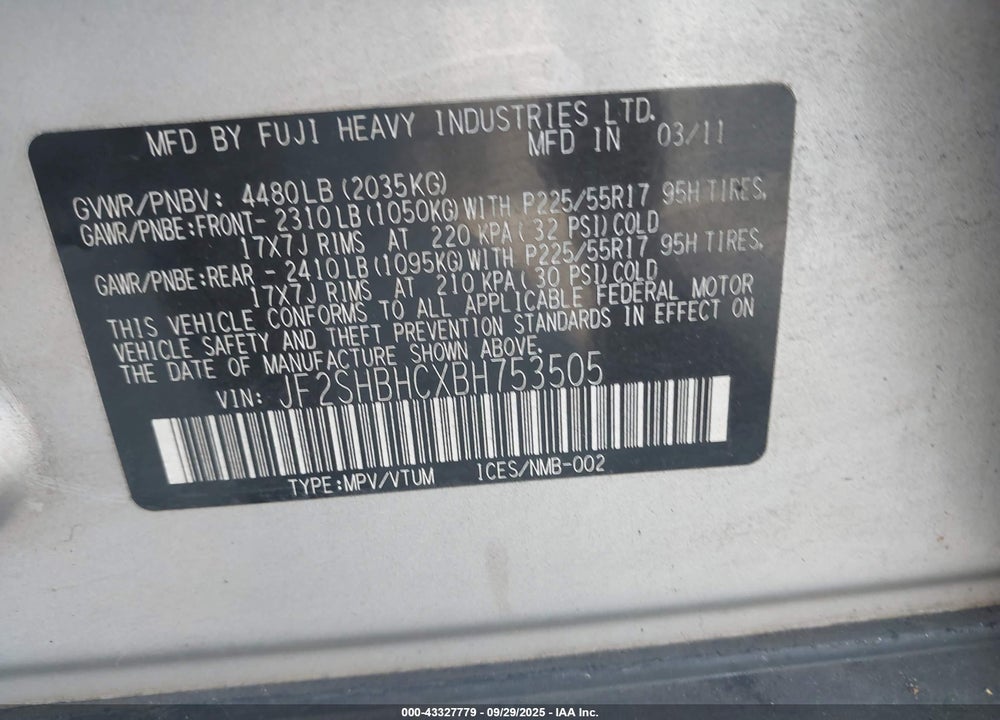 2011 SUBARU FORESTER VIN: JF2SHBHCXBH753505