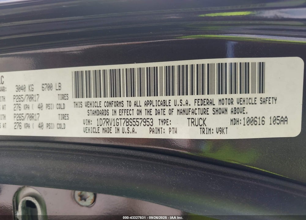 2011 RAM 1500 VIN: 1D7RV1GT7BS557953