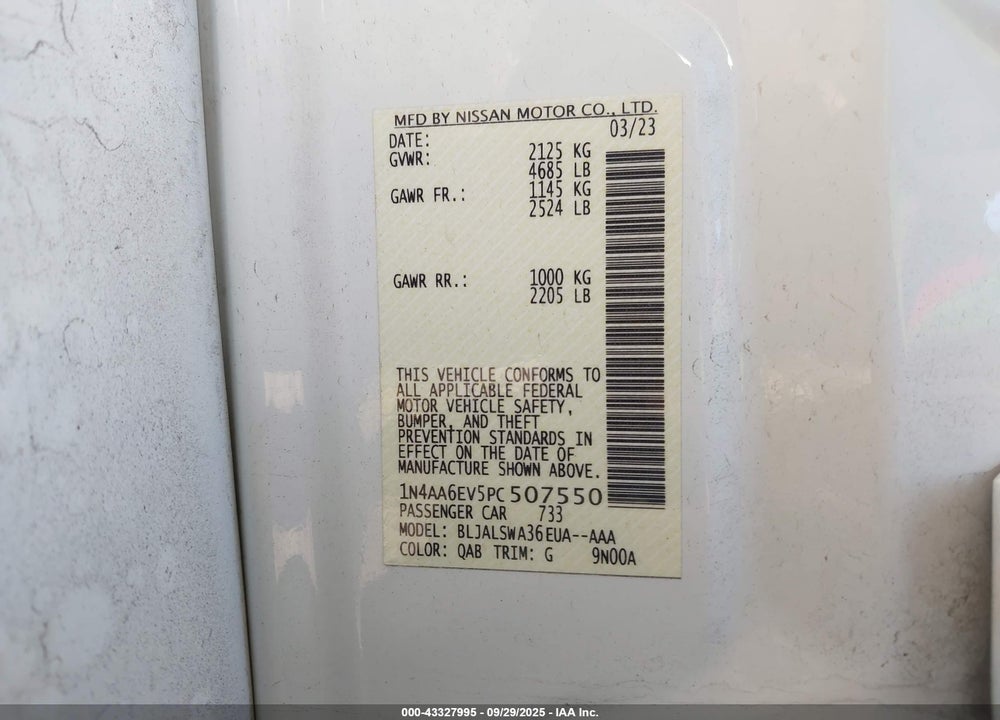 2023 NISSAN MAXIMA VIN: 1N4AA6EV5PC507550