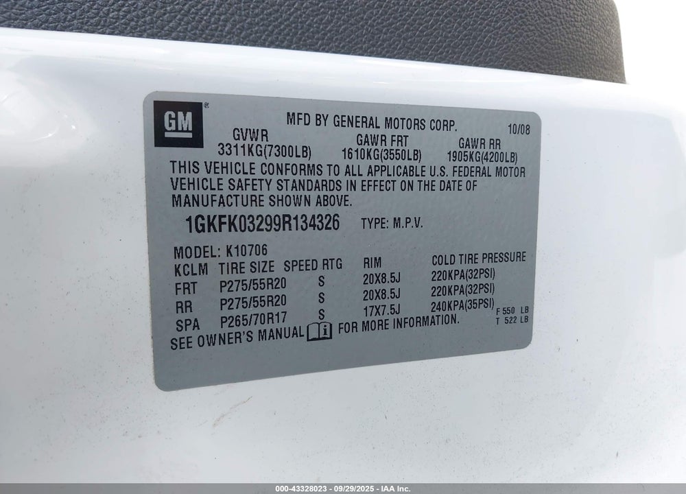 2009 GMC YUKON VIN: 1GKFK03299R134326