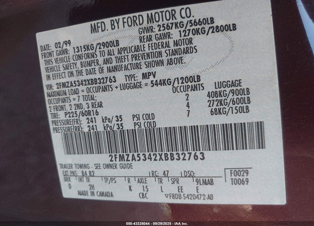 1999 FORD WINDSTAR SEL VIN: 2FMZA5342XBB32763