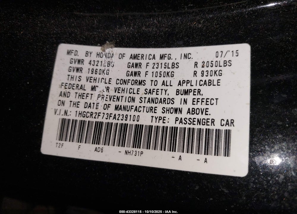 2015 HONDA ACCORD VIN: 1HGCR2F73FA239100