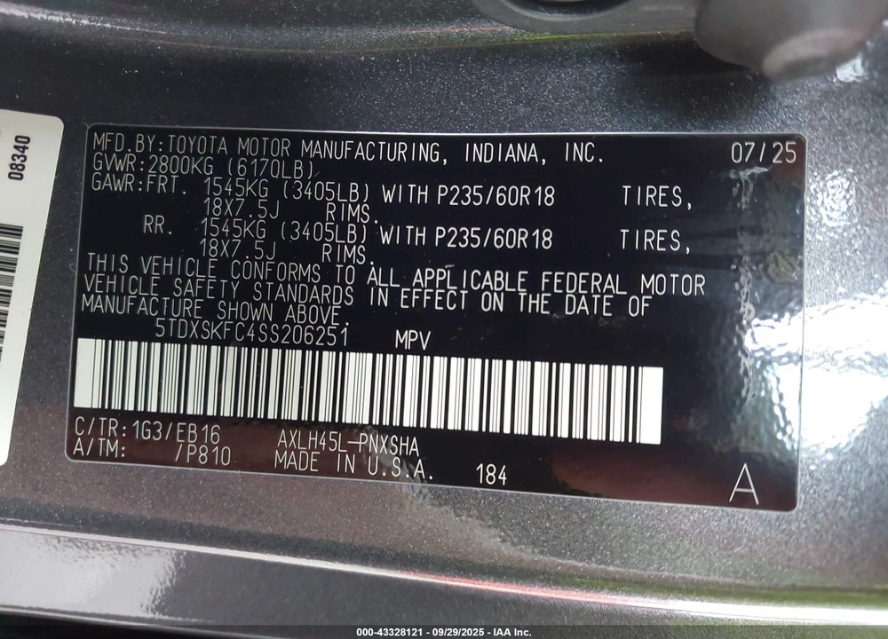 2025 TOYOTA SIENNA XSE VIN: 5TDXSKFC4SS206251