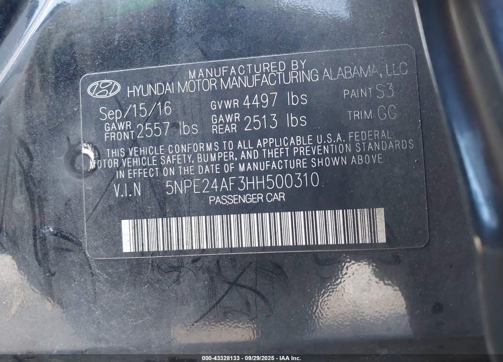 2017 HYUNDAI SONATA VIN: 5NPE24AF3HH500310