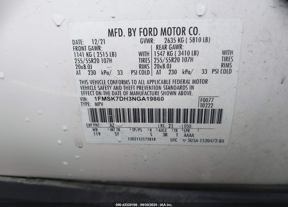 2022 FORD EXPLORER VIN: 1FMSK7DH3NGA19860