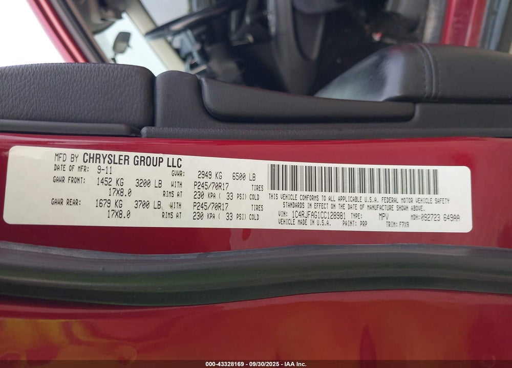 2012 JEEP GRAND CHEROKEE VIN: 1C4RJFAG1CC128981