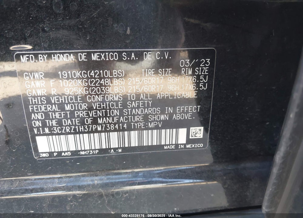 2023 HONDA HR-V 2WD LX VIN: 3CZRZ1H37PM738414