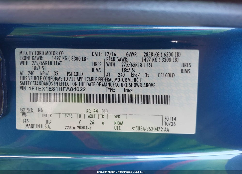 2017 FORD F-150 VIN: 1FTEX1E81HFA84022