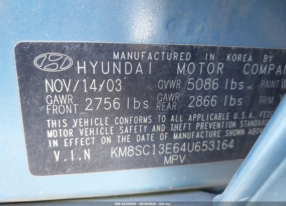 2004 HYUNDAI SANTA FE GLS/LX VIN: KM8SC13E64U653164
