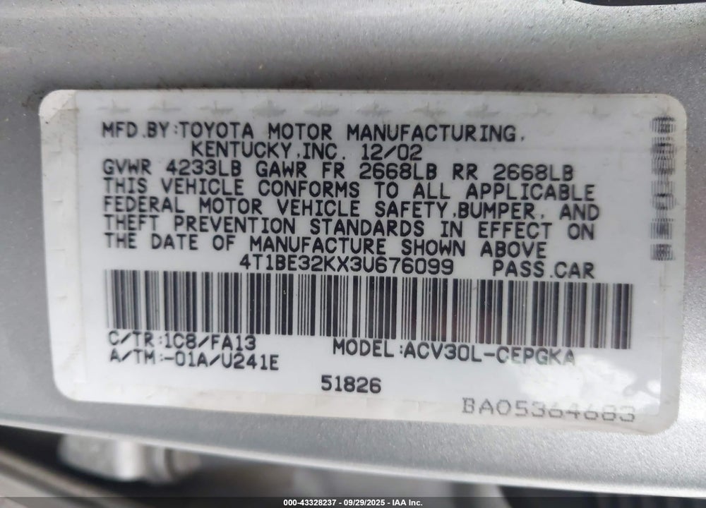 2003 TOYOTA CAMRY XLE VIN: 4T1BE32KX3U676099