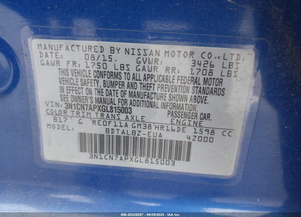 2016 NISSAN VERSA VIN: 3N1CN7APXGL815003